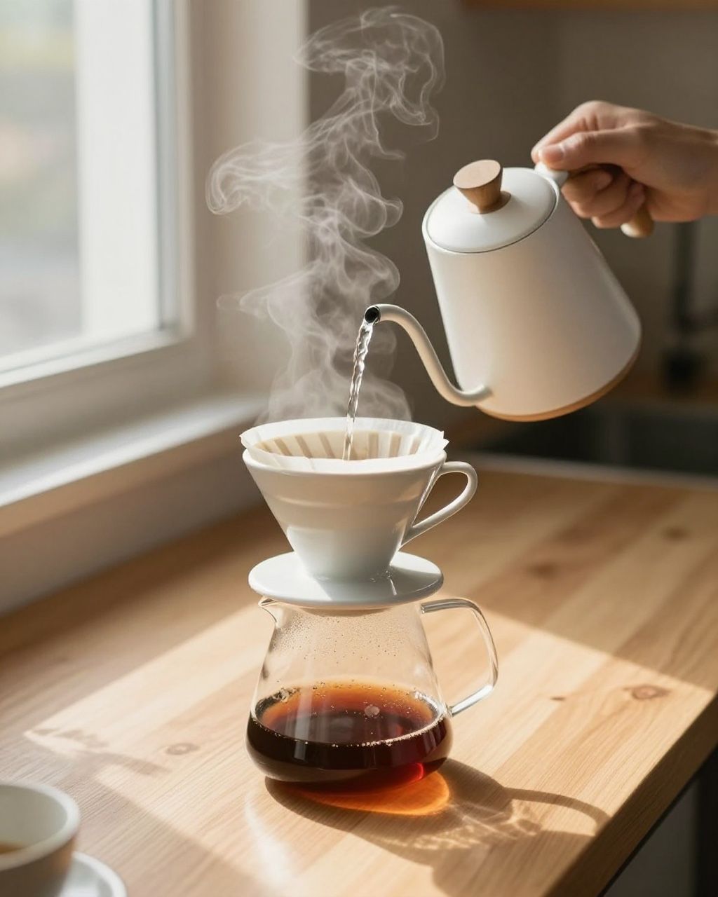 Hot water being poured from a gooseneck kettle into the dripper on a sunny counter