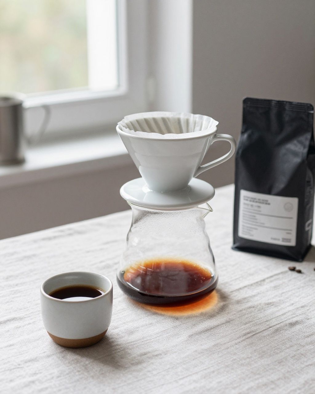 The set on a linen tablecloth next to a cup of coffee and a bag of beans